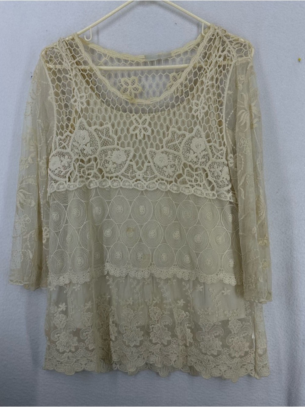 Adiva Lace Half Sleeve Crochet Blouse Womens Small Beige